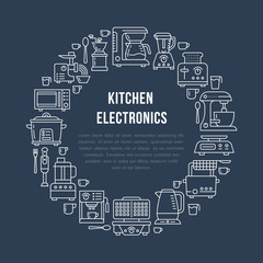 Kitchen small appliances equipment banner illustration. Vector line icon of household cooking tools - blender mixer, coffee machine, microwave, toaster. Electronics circle template with place for text