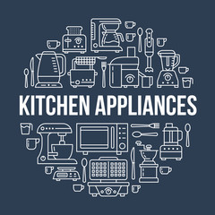 Fototapeta na wymiar Kitchen small appliances equipment banner illustration. Vector line icon of household cooking tools - blender, mixer, food processor, coffee machine, microwave, toaster. Electronics circle template.