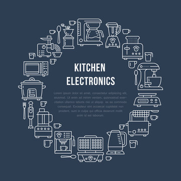 Kitchen small appliances equipment banner illustration. Vector line icon of household cooking tools - blender mixer, coffee machine, microwave, toaster. Electronics circle template with place for text