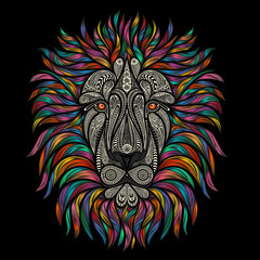 Vector lion of beautiful patterns with a color mane on a black background
