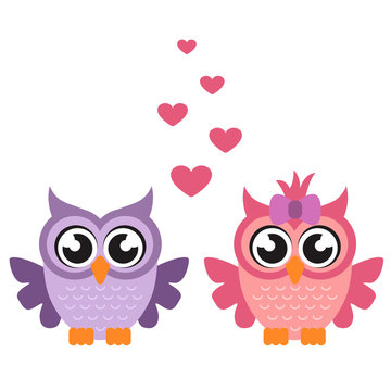 cartoon owl boy and girl with heart