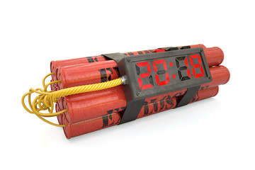 Explosives with alarm clock 2018 detonator isolated on white background