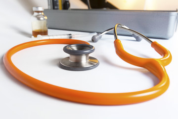 The medical manometer with stethoscope against white background