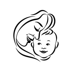 Mother with her baby. Stylized outline symbol. Motherhood, love, mother care. Silhouette, icon, logo, sign. Vector illustration.