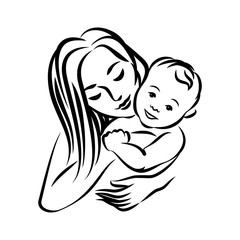Mother with her baby. Stylized outline symbol. Motherhood, love, mother care. Silhouette, icon, logo, sign. Vector illustration.