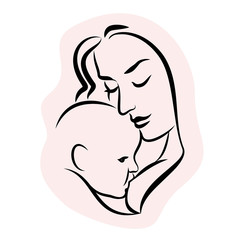 Mother with baby. Stylized outline symbol. Woman breastfeeding child. Motherhood, love, mother care. Silhouette, icon, logo, sign. Vector illustration.