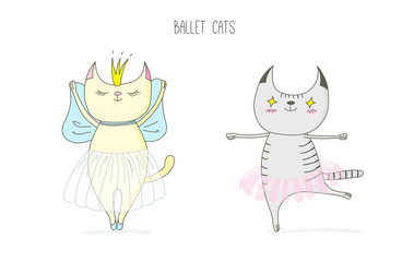 Hand drawn vector doodles of cute funny cats dancing ballet, with text.