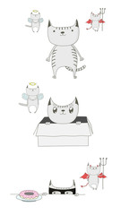 Hand drawn vector doodles of cute cat with his inner angel and devil, looking innocent in a box, stealing a donut