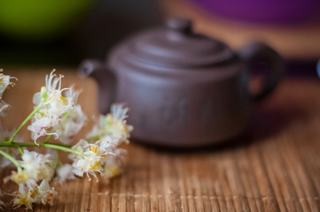 Obraz na płótnie Canvas Chinese tea-kettle on a gold background. Chestnut flower and kettle