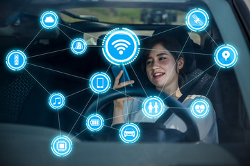 car front view and wireless communication network. Internet of Things. Information Communication...