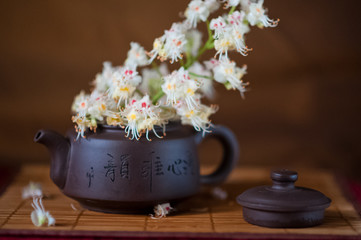  Chinese tea-kettle on a gold background. Chestnut flower and kettle