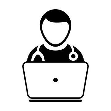 Doctor Icon Vector Online Consultation With Laptop Computer Avatar for Live Chat Advice for Patient In Glyph Pictogram illustration