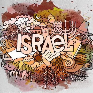 Cartoon cute doodles hand drawn Israel inscription