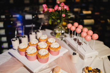 Candy bar with cupcakes and cake pops and different desserts at restaurant reception. Sweet food, dessert, buffet.