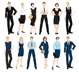 Obraz premium Vector illustration of corporate dress code. Man and woman in official blue and black suits isolated on white background. Formal wardrobe.
