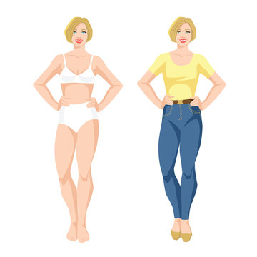 Vector illustration of blondy woman in underwear and woman in blue jeans and yellow shirt

