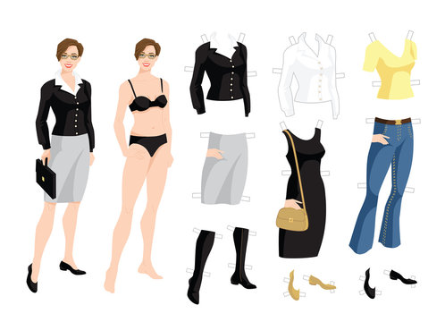 Paper doll with clothes for office and holiday. Body template. Vector illustration of brunette woman in formal clothes isolated on white background