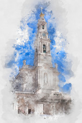 Sanctuary of Fatima, Portugal, digital watercolor illustration
