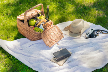 Picnic basket with fruits, cheese and wine bottle, hat, vintage camera and notebook with pencil on meadow
