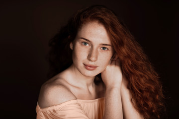 Fototapeta premium beautiful tender redhead woman with perfect skin posing in beige blouse, isolated on brown