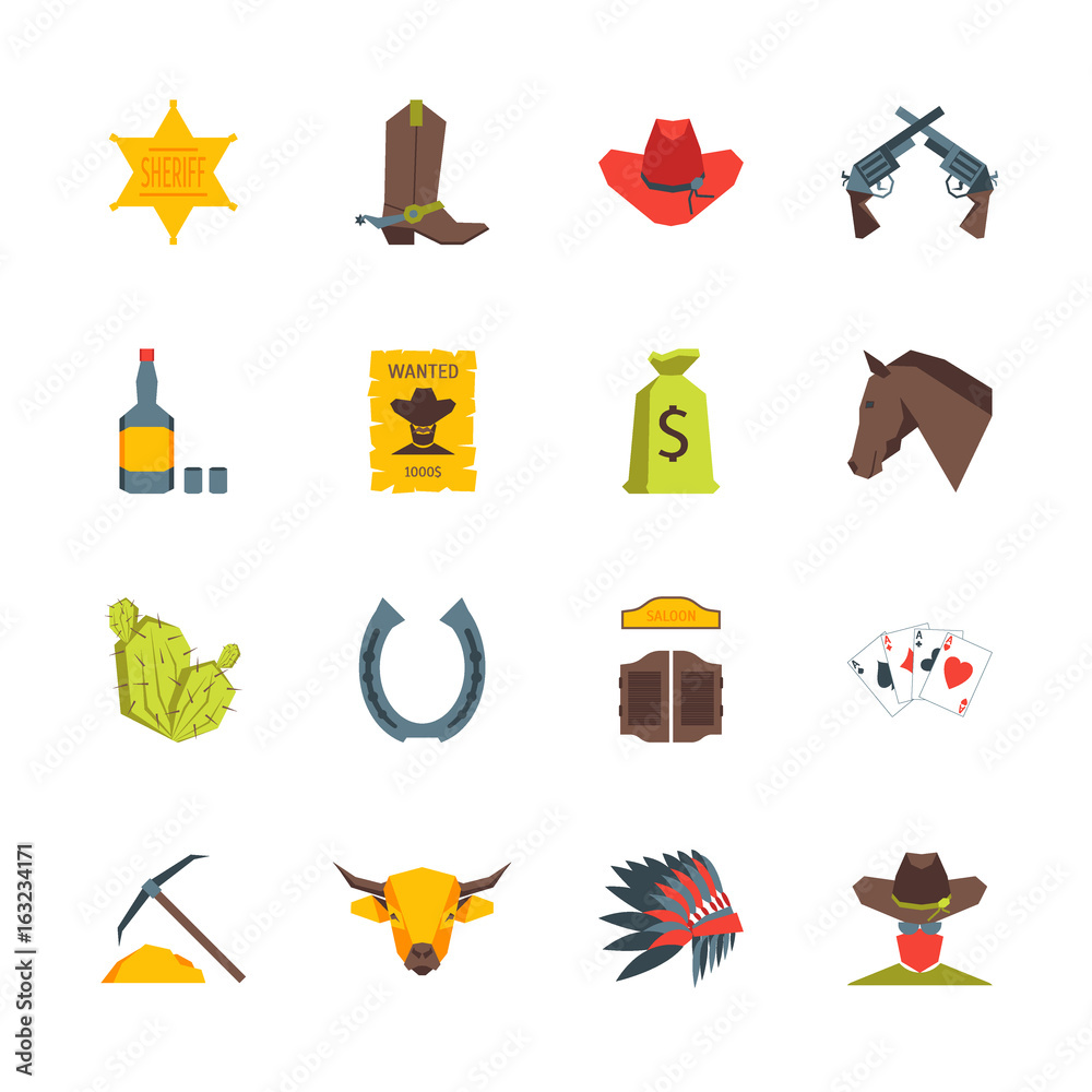 Poster Cartoon Symbol of Cowboy Color Icons Set. Vector