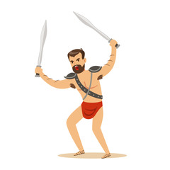 Warrior character, naked man in a red loincloth with two swords vector Illustration