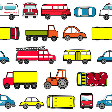 Cute seamless background with cartoon cars. Transport pattern