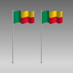 Benin flag on the flagpole. Official colors and proportion correctly. High detailed vector illustration. 3d and isometry. EPS10