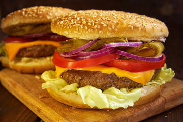 Close up of hamburgers in rustic style