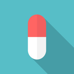Drug icon with long shadow. Flat design style. Pill simple silhouette. Modern, minimalist icon in stylish colors. Web site page and mobile app design vector element.