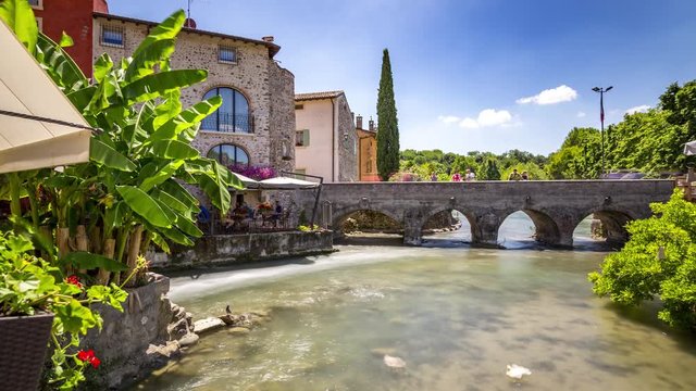 4K Timelapse at Borghetto, Ducks and River & Bridge, Veneto, Italy