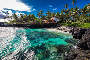Coral reef and small beach with palm trees on south side of Upolu, Samoa