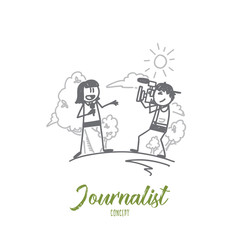 Journalist concept. Hand drawn journalist and operator. Correspondent making news isolated vector illustration.