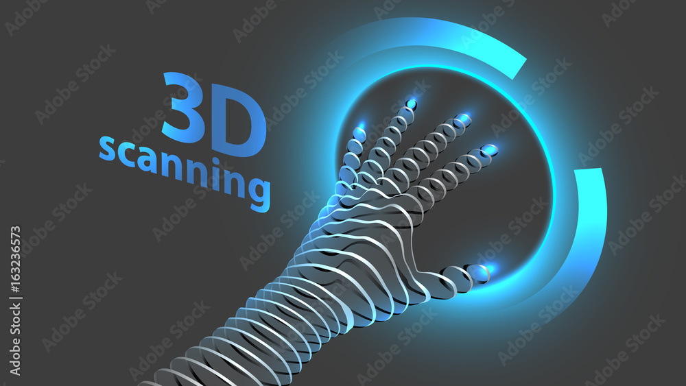 Poster 3d scan of hand man. 3d scanning technology