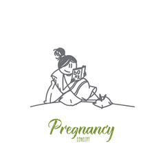 Pregnancy concept. Hand drawn pregnancy education concept. Pregnant woman holding book in her hand isolated vector illustration.