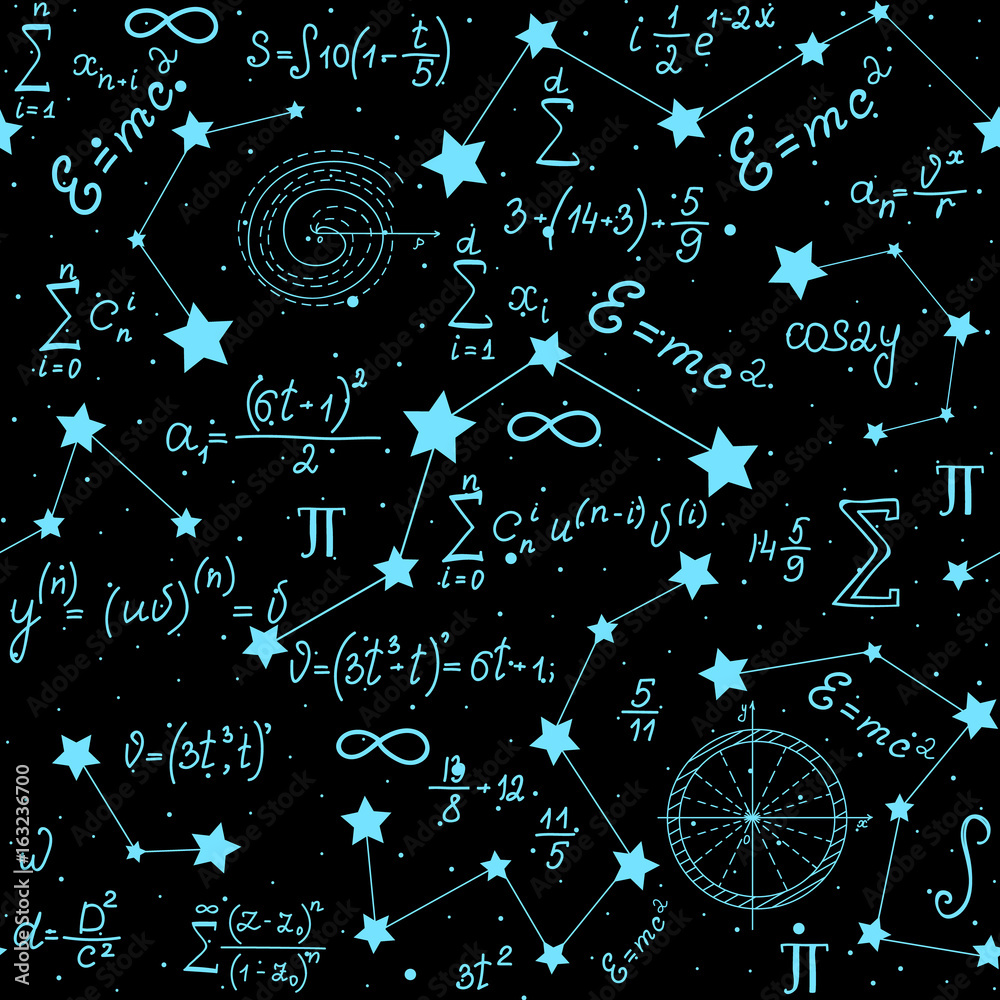Wall mural mathematical astrophysical vector seamless pattern with formulas, figures and calculations handwritt