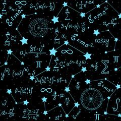 Mathematical astrophysical vector seamless pattern with formulas, figures and calculations handwritten on the background of stars. Scientific space endless texture