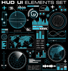 Fototapeta na wymiar Set of futuristic graphic user interface HUD. Infographic design UI elements and radar screens. Vector illustration.