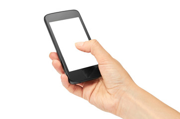 Female hands hold a cell phone, mockup template. Isolated on white background