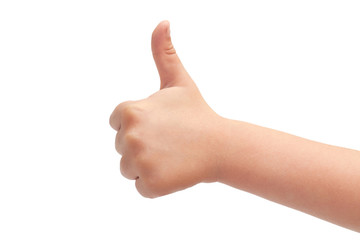 hand of kids hand gesture of thumbs up. Isolated on white background