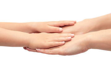 Fototapeta premium hand of young girl holding kids hand. Isolated on white background