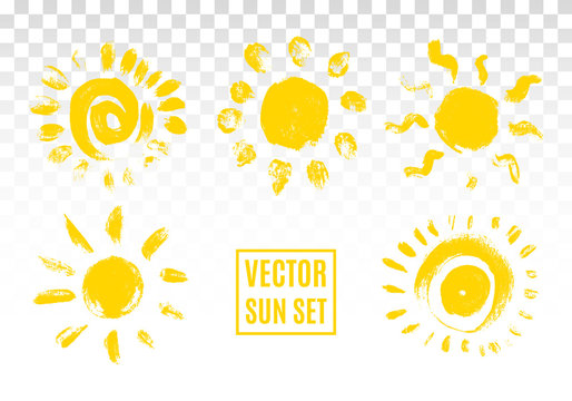 Set of sun icons. Hand drawn brushstroke design elements. Vector illustration.