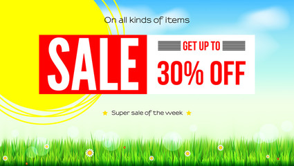 Summer selling ad banner, vintage text design. Thirty percent discounts, sale background with yellow sun, green field, white clouds and blue sky. Template for shopping, advertising.