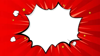Tuinposter Popart splash achtergrond, explosie in strips boekstijl, lege lay-out sjabloon met halftoonpunten, wolken balken en geïsoleerde stippen patroon op rode achtergrond. Vector sjabloon voor advertentie, covers, posters. © eriksvoboda