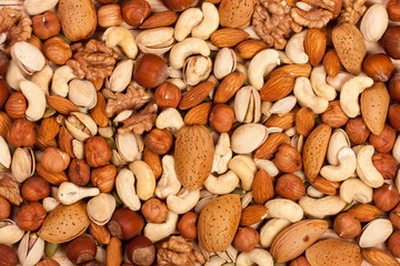 Mix of different nuts as background close-up