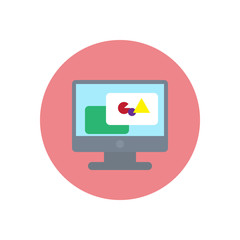 Graphic design computer flat icon. Round colorful button, circular vector sign, logo illustration. Flat style design