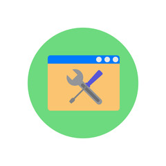 Browser with crossed wrench and screwdriver flat icon. Round colorful button, Web page settings and configuration circular vector sign, logo illustration. Flat style design