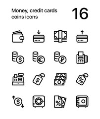 Money, credit cards, coins icons for web and mobile design pack 2