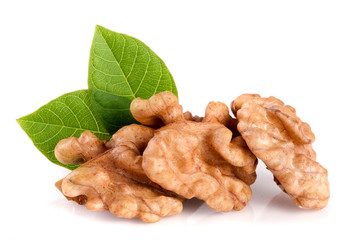 Walnuts with leaf isolated on white background