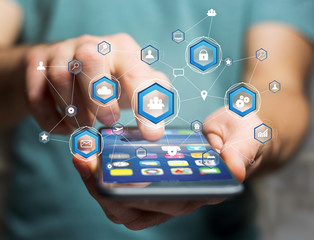 Business network connection displayed on a futuristic interface with technology icon - Worldwide business concept